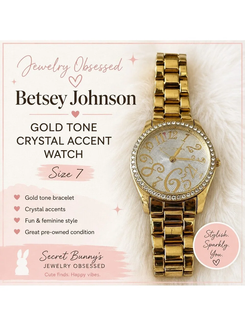 Betsey Johnson Gold Tone Crystal Accent Watch Size 7